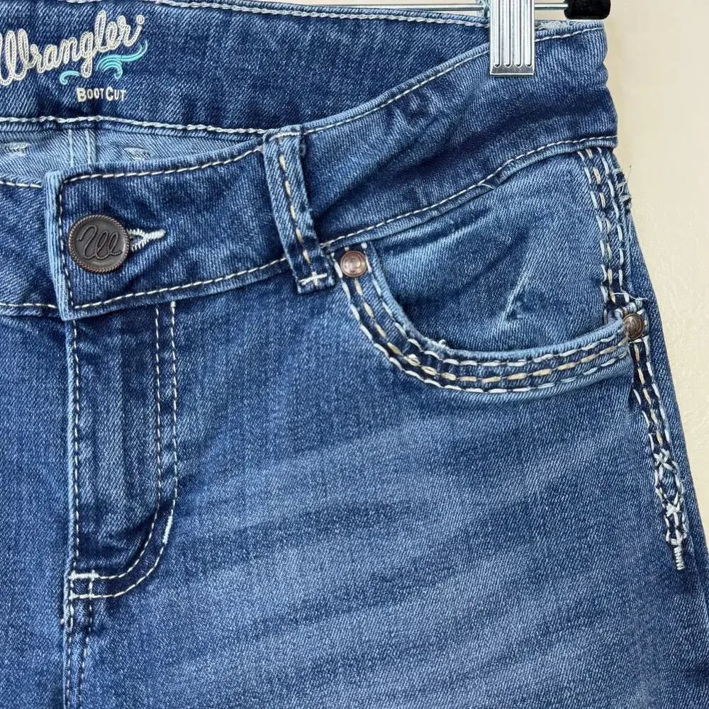Wrangler Sadie Solid Dark Blue Denim Retro Embroidered Mid Rise Bootcut Jeans